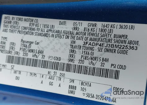 2011 Ford Fiesta Se z USA, uszkodzony, nr VIN 3FADP4EJ3BM225363